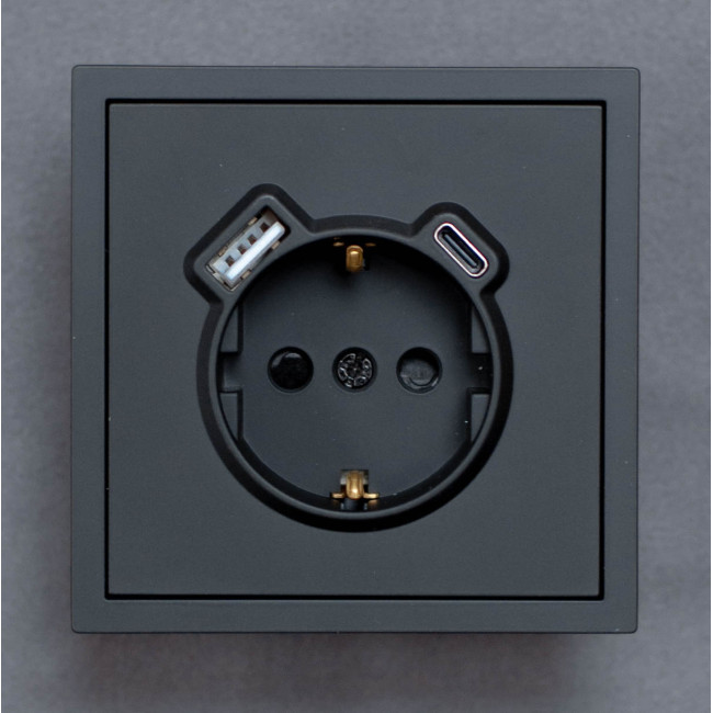 Розетка с USB-A и Type-C с заземлением механизм Ardero Soft черная ER123USB-B Розетка с USB-A и Type-C с заземлением механизм Ardero Soft черная ER123USB-B
