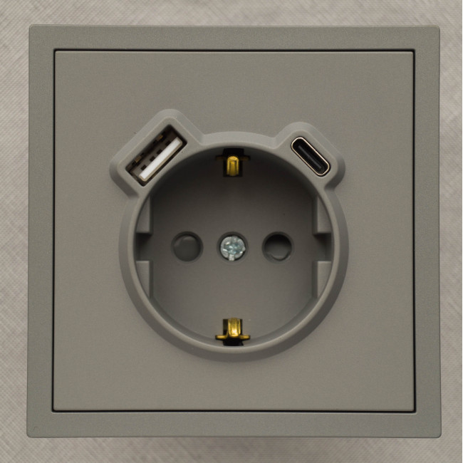 Розетка с USB-A и Type-C с заземлением механизм Ardero Soft серая ER123USB-G