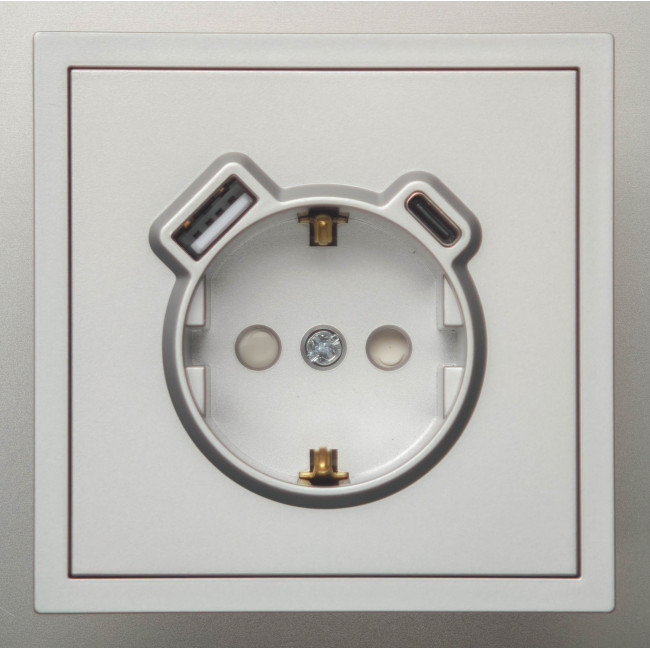 Розетка с заземлением механизм Ardero Soft серебро 16A с USB-A 18W и USB Type-C 20W ER123USB-S