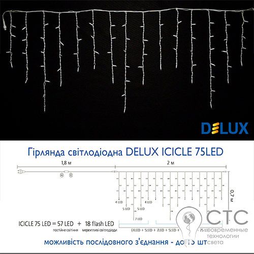 Гірлянда зовнішня Delux ICICLE 75 LED жовтий/білий 2х0,7м - фото 3