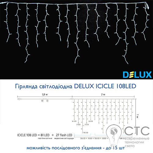 Гірлянда зовнішня Delux ICICLE 108 LED жовтий/білий 2х1м - фото 3