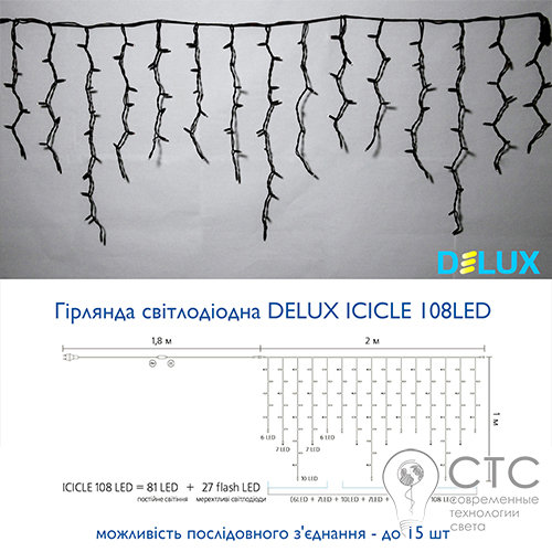 Гірлянда зовнішня Delux ICICLE 108 LED теплий білий/чорний 2х1м - фото 3