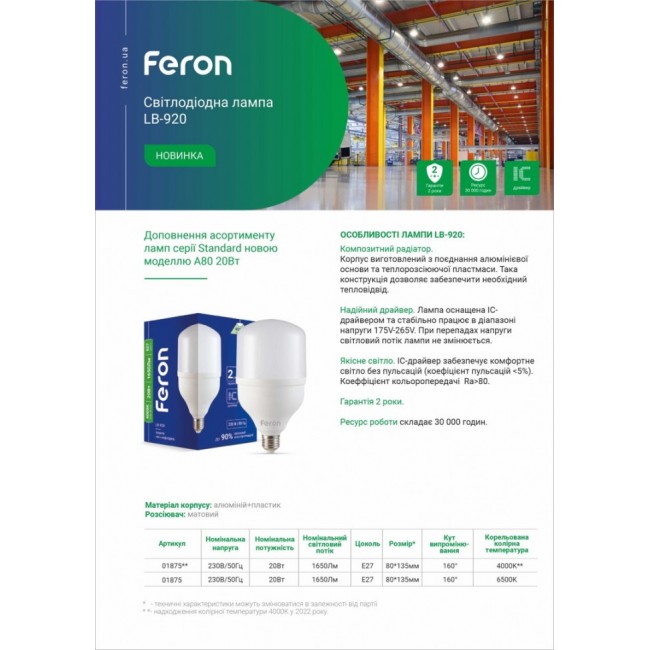 Светодиодная лампа Feron LB-920 20W E27 6500K