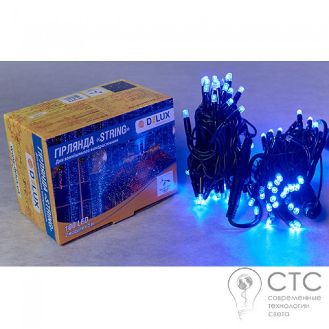 Гирлянда внешняя Delux String 100 LED синий/черный 10м (2х5м)