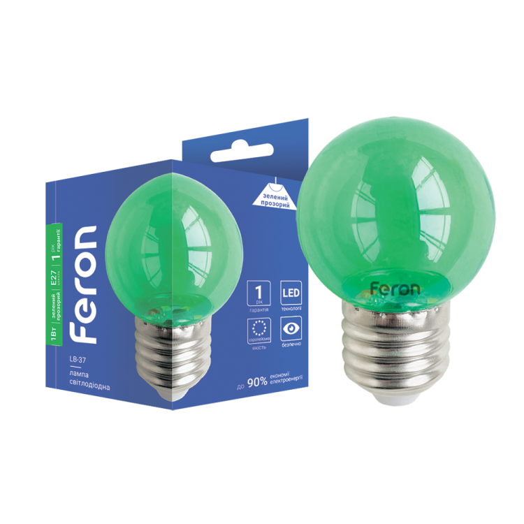 Светодиодная лампа Feron LB-37 1W E27 зеленая прозрачная