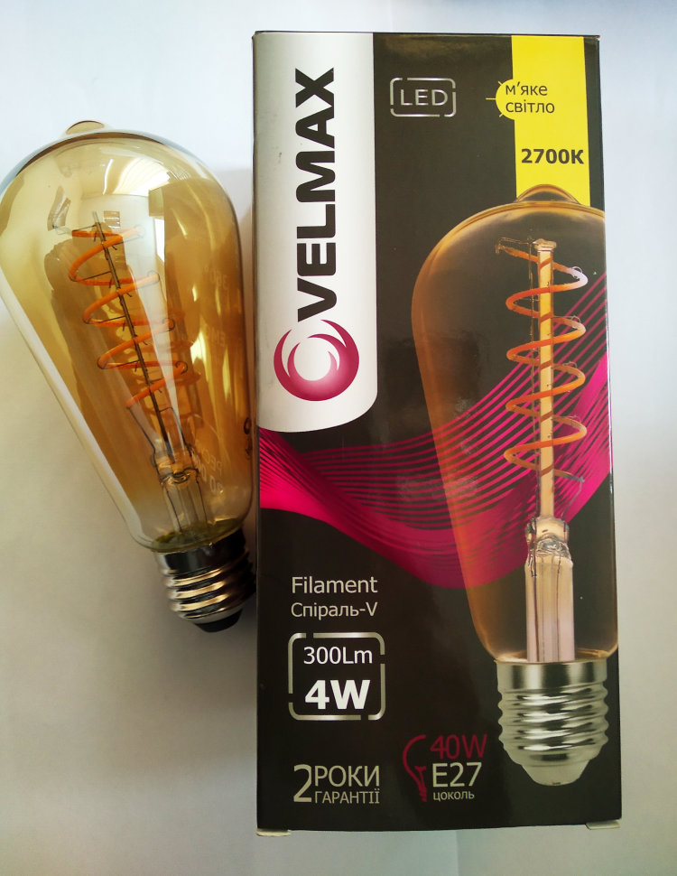 Светодиодная лампа Velmax ST64-F-Amber-4W-E27 2700K Spiral-V